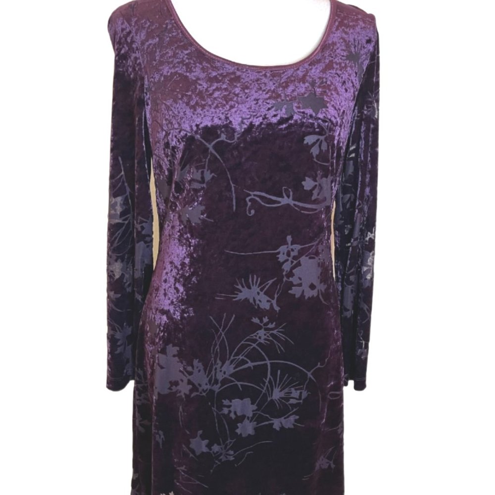 CDC Purple/Plum Velvet/Flocked Damask Floral Long Sleeve Dress  Size 4 - Picture 3 of 15